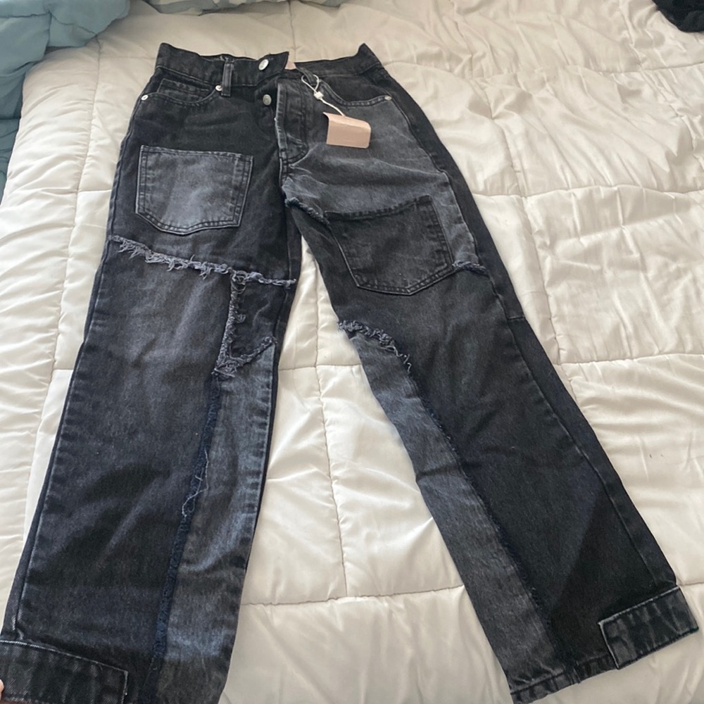 revice denim black patchwork pants